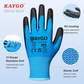 KAYGO Work Gloves PU Coated-12 Pairs, KG11PL, Safety Working Gloves with Secure Grip on Palm & Fingers, for Men and Women, Ideal for General Purpose Light Duty Work, Gardening (Medium, Blue)