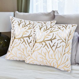 Betadistor Set of 2 Velvet Cushion Covers Soft Decorative Square Throw Pillow Cover Luxury Pillowcases for Livingroom Sofa Bedroom with Invisible Zipper 45cm x 45cm, Gold Branches, 523-0509