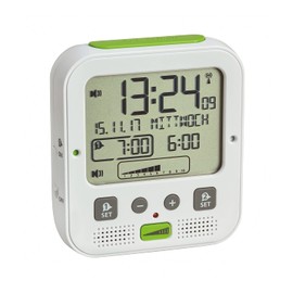 SELVA Radio-Controlled Alarm Clock, White/Green, with Snooze Function, Weekday and Date Display, Backlight with Light Sensor, Vibration Alarm