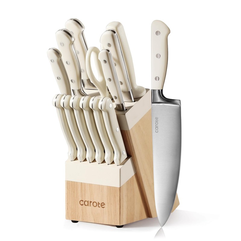CAROTE 14 Pieces Knife Set with Block, Forged, High Carbon