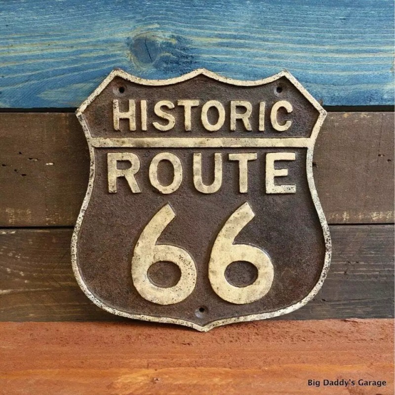 Route 66 Cast Iron Embossed Plaque With Painted Antique Finish