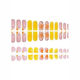 48Pcs Ombre Yellow Press on Nails Short Square Press on Toenails Flower Stick on Nails with Water-drop Design White French Tips 3D Floral Fake Nails Cute Summer False Toenails Kit for Women Manicure