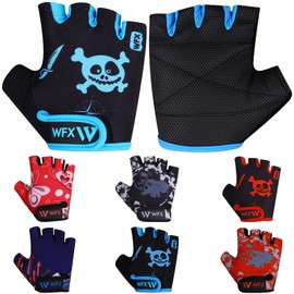 WFX Kids Cycling Gloves Short Half Finger Fingerless Gloves Padded Fastened Children Kid BMX Bike Safety Hand Protect Cycling Climbing Weight Lifting Workout Bicycle Gloves (Blue Skull, L)