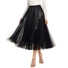 Dwirapal Sequin Long Tulle Skirt Layered Flowy Fairy Sparkle Party Mesh Tea Length Big Hem Skirts for Women
