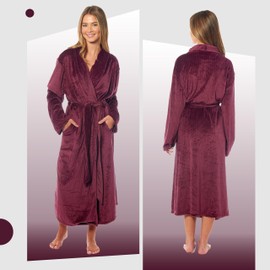 Daisy Dreamer Womens Robe Stripe Jacquard Soft Warm Belted Long Dressing Gown with Pockets Shawl Collar Ladies Everyday Gowns, Wine Small
