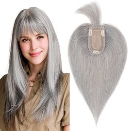 SEGO Grey Hair Toppers for Women Real Human Hair With Bangs, 7 * 13 CM Silk Base Clip In Topper Wiglet, Top Pieces for Women with Thinning Hair -6 Inch #G1 Silver Grey