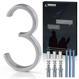 VONDERSO 5 Inch Floating House Numbers and Letters for Outside, Modern Metal Address Number 3, with Weather Resistant Silver Powder Coating, No Fading (Glossy Silver)