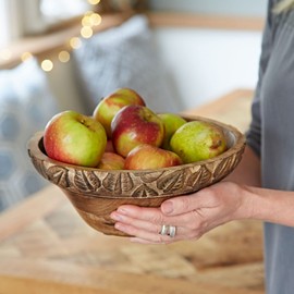 Paper High Hand Carved Leaf Design Mango Wood Fruit Bowl | Fair Trade | Handmade | Sustainable Wooden Bowls
