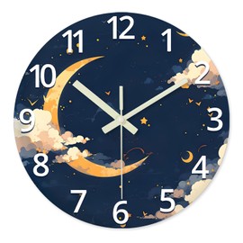 Constantplanet 14 Inch Moon Clock for Kids Bedroom Small Glow in The Dark Wall Clock Battery Operated Analog Silent Wall Clock Non Ticking
