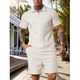 UOUA Mens Track Suits 2 Piece Sets Short Sleeve Sweatsuit Outfits Casual Quarter Zip Golf Polo Shirts & Summer Jogger Shorts Outdoor Sets Beige S-3XL