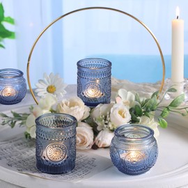 DARJEN 12Pcs Blue Votive Candle Holders - Votive Candle Holders Bulk, Glass Candle Holder for Party Decoration, Tea Lights Candle Holders for Wedding