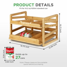 Aclema Bamboo Rolling Can Organizer for Pantry, Stackable 2 Tier Canned Food Organizer Rack for Storage, Kitchen Cabinet, Can Holders Dispensers for Pantry Up To 27 Cans