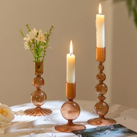 Hewory Glass Candlestick Holders Set: 3PCS Brown Candle Holder Taper Candle Holders Bulk, Crystal Ribbed Candle Sticks Holder Decor for Table Centerpiece Wedding Christmas Thanksgiving Dinner