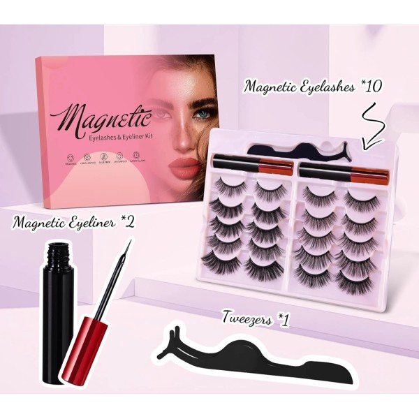 Branded Magnetic Eyelashes Kit 10 Pairs with Eyeliner & Tweezers