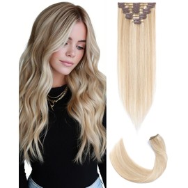 SLEEKALON Hair Extensions Clip in Real Human Hair Remy Highlighted #18/613 Ash Blonde Mix Bleach Blonde - 10 Inch 50 Gram 8 Pcs Invisible Full Head Weft Straight