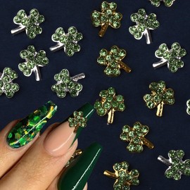 ROFIBUT St.Patrick's Day Shamrock Nail Charms 3D Alloy Gold Silver Shamrock Nail Gems with Crystal Rhinestones Green Clover Nail Diamonds Lucky Shamrock Nail Art Supplies for Nail Decoration 16Pcs