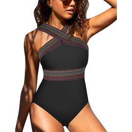 Hilor Traje de baño de una pieza para mujer con parte delantera cruzada, trajes de baño huecos, monokinis, Franjas Negras, 14