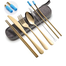 Juego de Cubiertos Portátiles de Acero Inoxidable: Utensilios de Viaje Reutilizables con Estuche con Tenedor/Cucharas/Cuchillo/Palillos para Acampar, lonchera y Picnic (Oro)