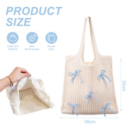 FloralGrace Bow Beach Bag Coquette Bow Tote Bag for Women Cute Preppy Shoulder Bag for Girls Summer Beach Shopping (Blue)