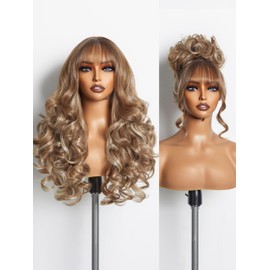 GORGIUS Highlight Wigs with Bang Body Wave Wig Natural Highlights Glueless Wavy Wig Crafted with Style-Archive Human-Hair-Like Premium Fiber, Realistic Look with True Scalp