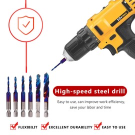 6 Packs Combination Drill & Taps Bit Set - HSS Tap Drill Bit Set, Screw Tapping Threading Tools, M3 M4 M5 M6 M8 M10 Titanium Coated, 6mm Metric Hex Shank Screw Taps Tool Set (Blue, Long)