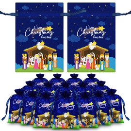 Blosssound 16 Pcs Christmas Religious Gift Bags Nativity Drawstring Bags 4 x 6 in Mini Xmas Satin Party Favor Bag Christian Nativity Scene Goodie Bag Jesus Treat Bags for Winter Holiday Party Supplies