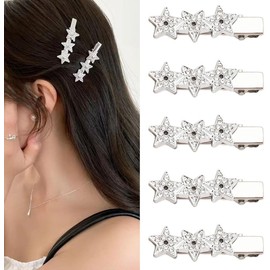 Star Hair Clips,WADY 5PC Star Hair Clip Rhinestones Y2K Silver Star Snap Hair Barrettes Glitter Metal Alligator Clips for Hair Styling Cute Star Hair Accessories for Women Girl Hairpins Star Hair Clip