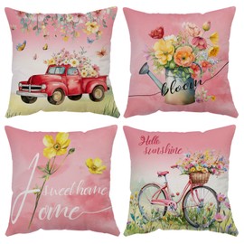 YeeJu Spring Throw Pillow Covers 18x18 Set of 4 Soft Velvet Spring Summer Floral Decorative Pillow Covers Truck Biycle Flower Cushion Covers Pillow Cases for Home Outdoor Sofa Couch Decorations (18)