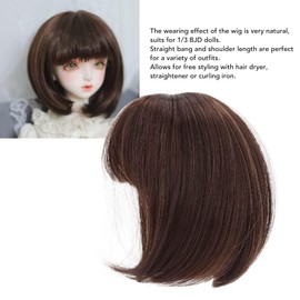 Doll Wig, Soft Fiber Easy Cutting 1/3 BJD Doll Wig Straight Bang Shoulder Length Short Hair Mesh Straight Bang BJD Hair for Roleplaying Games, 21-24cm / 8.27-9.45in (Dark Brown)