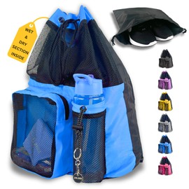 JIMJOOS Drawstring Mesh Swimming Bag - 25L Waterproof Swim Bag with Wet/Dry Compartment, Multifunctional Sports Backpack for Kids, Adults, Swimming, Surfing, Beach, Gym (Blue)