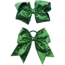 Girls Cheer Bow Ponytail Holder Big Hair Bow Tie with Glitter Sequins Bowknot (Green, One size)