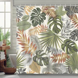 COZZSNUGE Tropical Leaves Shower Curtain, Grey Green Palm Leaf Summer Shower Curtain for Bathroom, Waterproof Polyester with 12 Hooks, 72 x 72 Inches