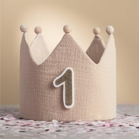 Little Goods Birthday Crown for Kids - Reversible Muslin Fabric Crown with Interchangeable Numbers 0-9 - Crown for Boys and Girls, Pastel - Dark Beige - Light Beige - Beige