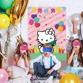 Cute Pink Party Supplies, Pin The Bow Sticker on Cat Party Game, Large Poster with 24 Pcs Bow Stickers, Cartoon Birthday Party Decorations (Pink1)