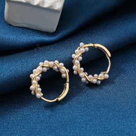 Mabor Pearl Twist Hoop Earrings Small Gold Huggie Earrings for Women Teen Girls Gold Geometric Twisted Pearl Hooped Earrings for Wedding Jewelry Gifts for Friends