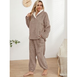 Muchpow Warm Pajamas For Women Fuzzy Pajama Sets Cozy Fleece Oversized Pullover Pants Sets Loungewear 2 Piece Pjs (Khaki,Small)