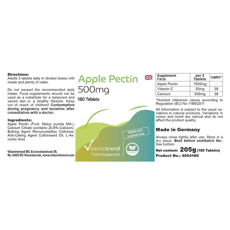 Apple Pectin 500 mg - 180 Tablets - with 1500