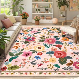 RELEANY Floral 6x9 Area Rug Machine Washable Soft Print Boho Carpet Non Slip Doormat Low Pile Flower Area Rugs for Living Room Bedroom Nursery Kitchen Dining Room Indoor-Pink/Beige