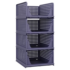 Pinkpum 4 Pack Folding Closet Organizers Storage Box, Stackable Plastic Drawer Basket for Clothing, Stackable Storage Bins Shelf Storage Container for Closet Wardrobe Bathroom Navy Blue