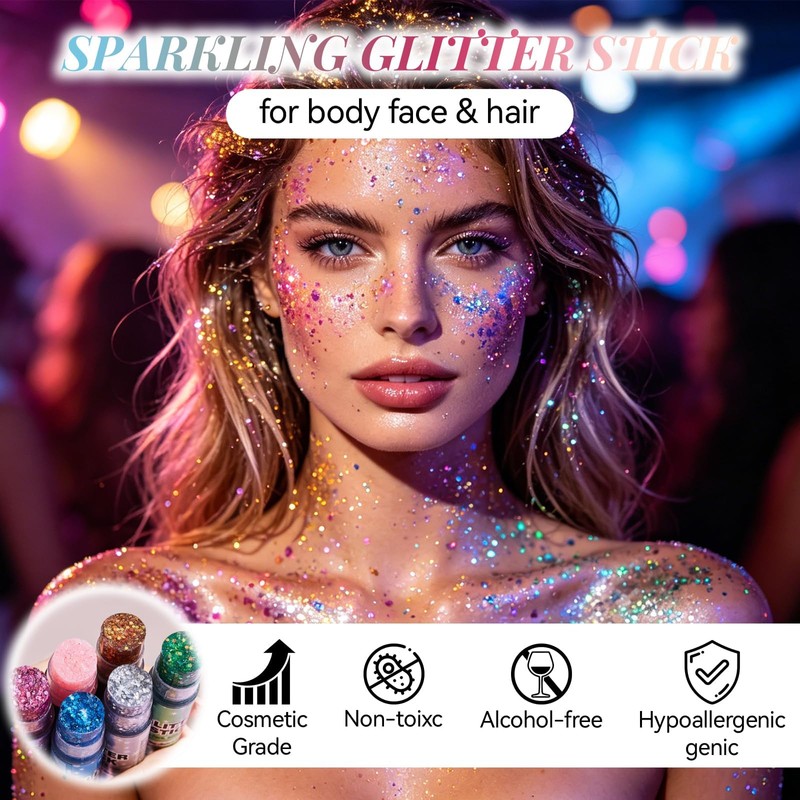 DAGEDA 6 Colors Body Glitter Stick Set, Sparkling Face Hair