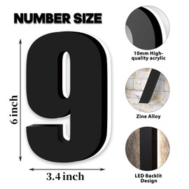 Backlit LED Home Address Numbers, 6 Inch House Numbers, Stainless Steel Hand-Polished Waterproof for House Address Signs, Lighted House Numbers for Outside Modern, Low-Voltage, Yard, Shop (9, Black)