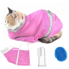 MSMUOEZ Adjustable Multifunctional Anti-Bite Shower net Bag，Cat Grooming Mesh Bag, Cat Bathing Bag，Cat Bath Brush and Pet Finger Toothbrush(B-Pink)