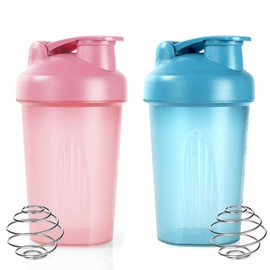 Protein Shaker, 400 ml Protein Shaker, Protein Shaker with Measuring Scale - BPA-Free, Leak-Proof, Durable, Shaker for Creamy Whey Protein Powder Shakes, with Stainless Steel Mixing Ball (Blue + Pink)