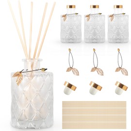 GYOSUGANG Glass Reed Diffuser Bottles for Decorative, Vintage Embossed Apothecary Style Flower Bud Vases with Cork Lids and Metal Leaves, Set of 3