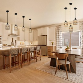 Farmhouse Pendant Lights Kitchen Island | 1-Light Lantern Hanging Light Fixtures with Hemp Rope Woven Lampshade for Dining Room | Bathroom | Sink | Foyer | Rattan Pendant Light Size 6*10*59IN