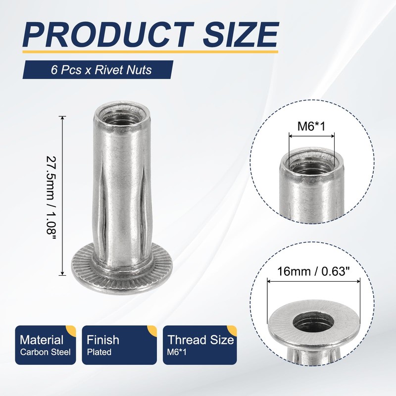 PATIKIL 6 Pcs Multi-Grip Rivet Nuts, M6 Pre-Bulbed Shank Flat