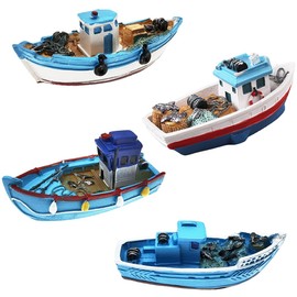 MAOMIA Big Mediterranean Style 4 Pcs Miniature Boats Figurine Fairy Garden Vintage Pirate Ship, Micro Landscape Fishing Boat Model Decoration