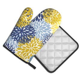 Lukbfall Blue Yellow and Navy Chrysanthemum Flowers Oven Mitts and Pot Holders 2 Pcs Set Daisy Floral Oven Glove and Potholder Suitable for Barbecues Baking Cooking Microwave