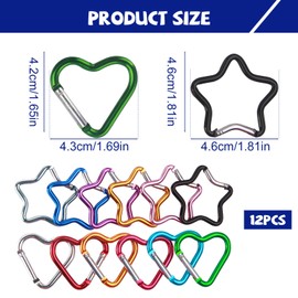 Pack of 12 Carabiner Small Key Chain, Heart Carabiner Star, Key Carabiner Made of Aluminium, Multicoloured, Lightweight and Robust, for Camping, Hiking and Everyday Use