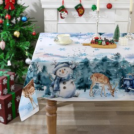 CUSUGBASO Christmas Tablecloth 52x70 Inches, Holiday Table Cloth for Rectangle Tables - Snowman and Truck Christmas Decorations for Home - Water-Resistant Christmas Decor for Party, Kitchen